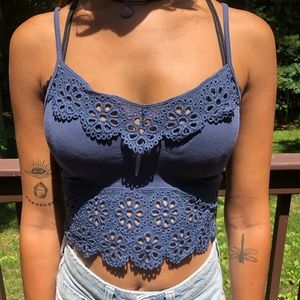 blue floral lace boho crop top tank